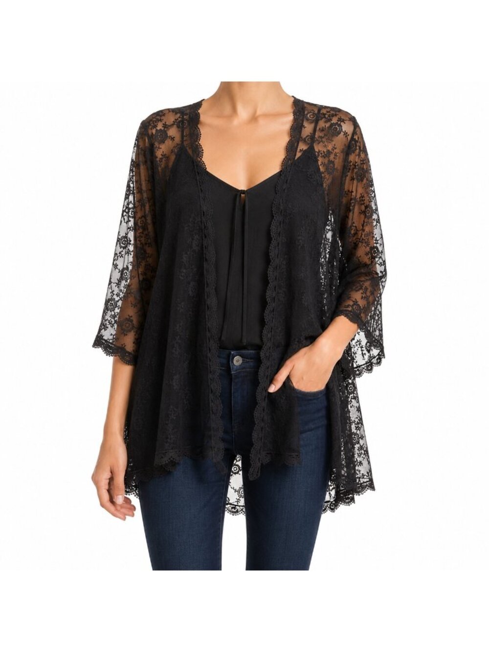 NEW Nina Leonard Black Embroidered Mesh Lace Cover Up - Small